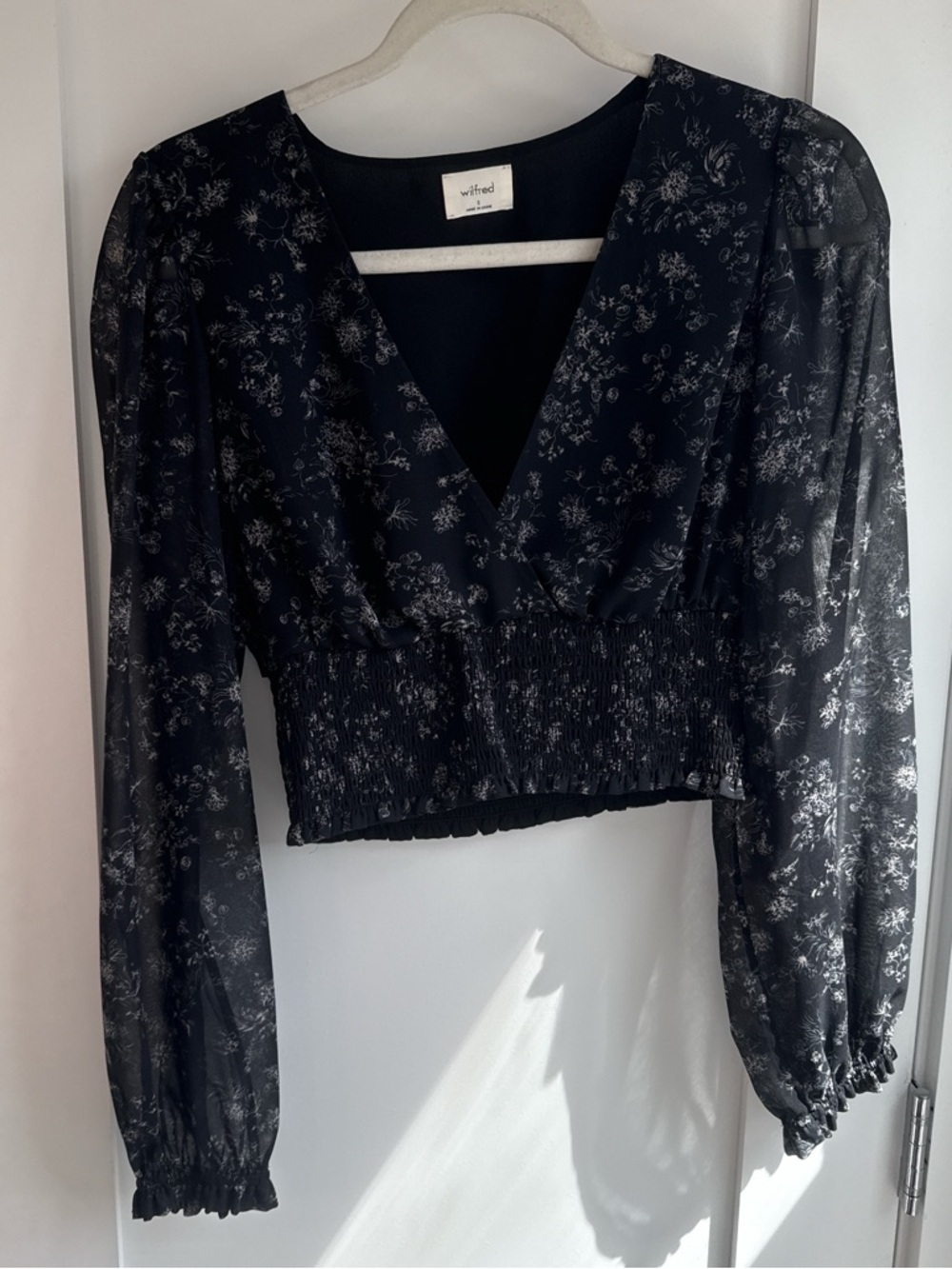Aritzia Black Sheer Floral V-Neck Smocked-Waist Blouse